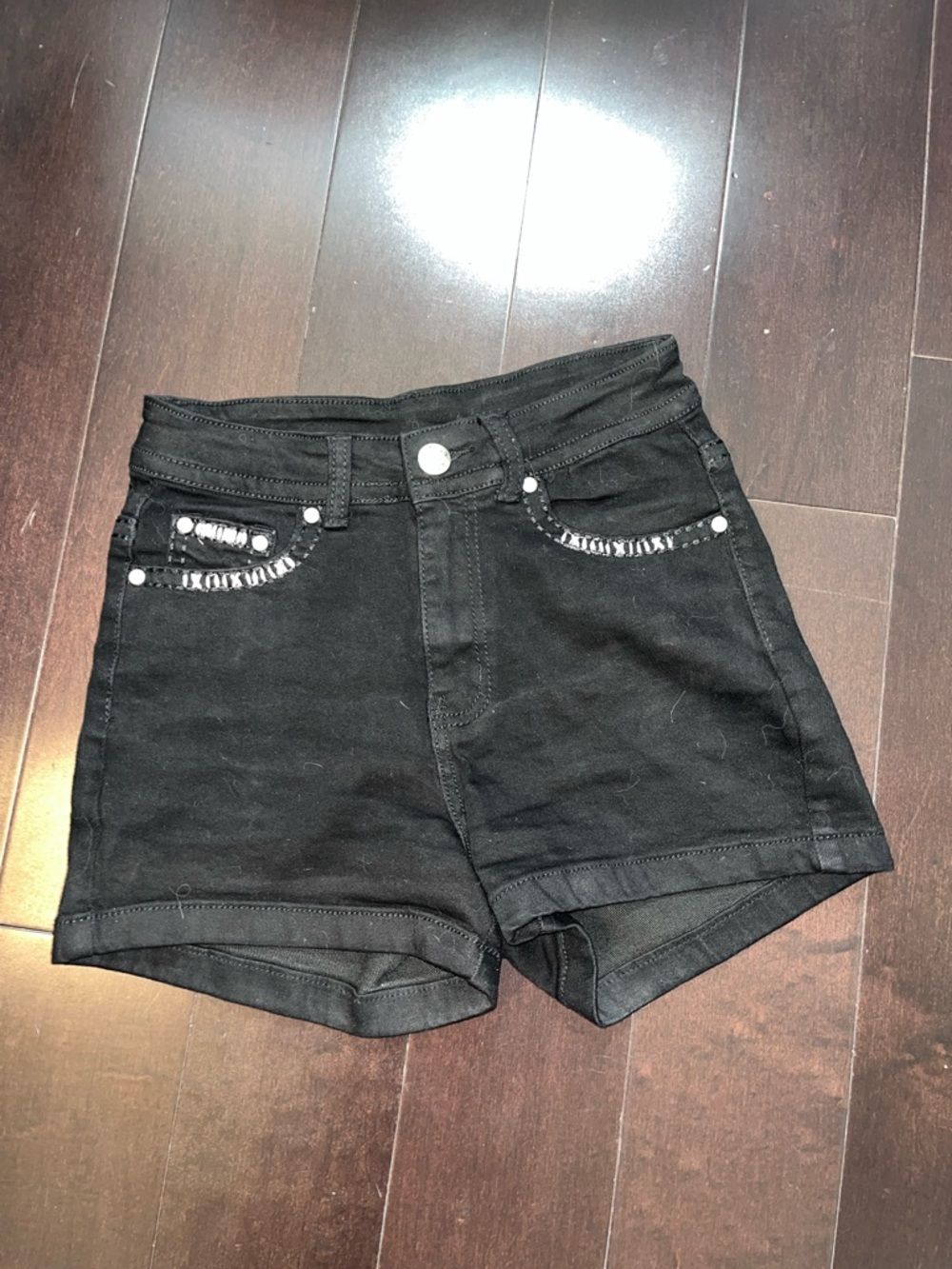 Women's Black High-Rise Denim Shorts with Rhinestone Pocket Trim